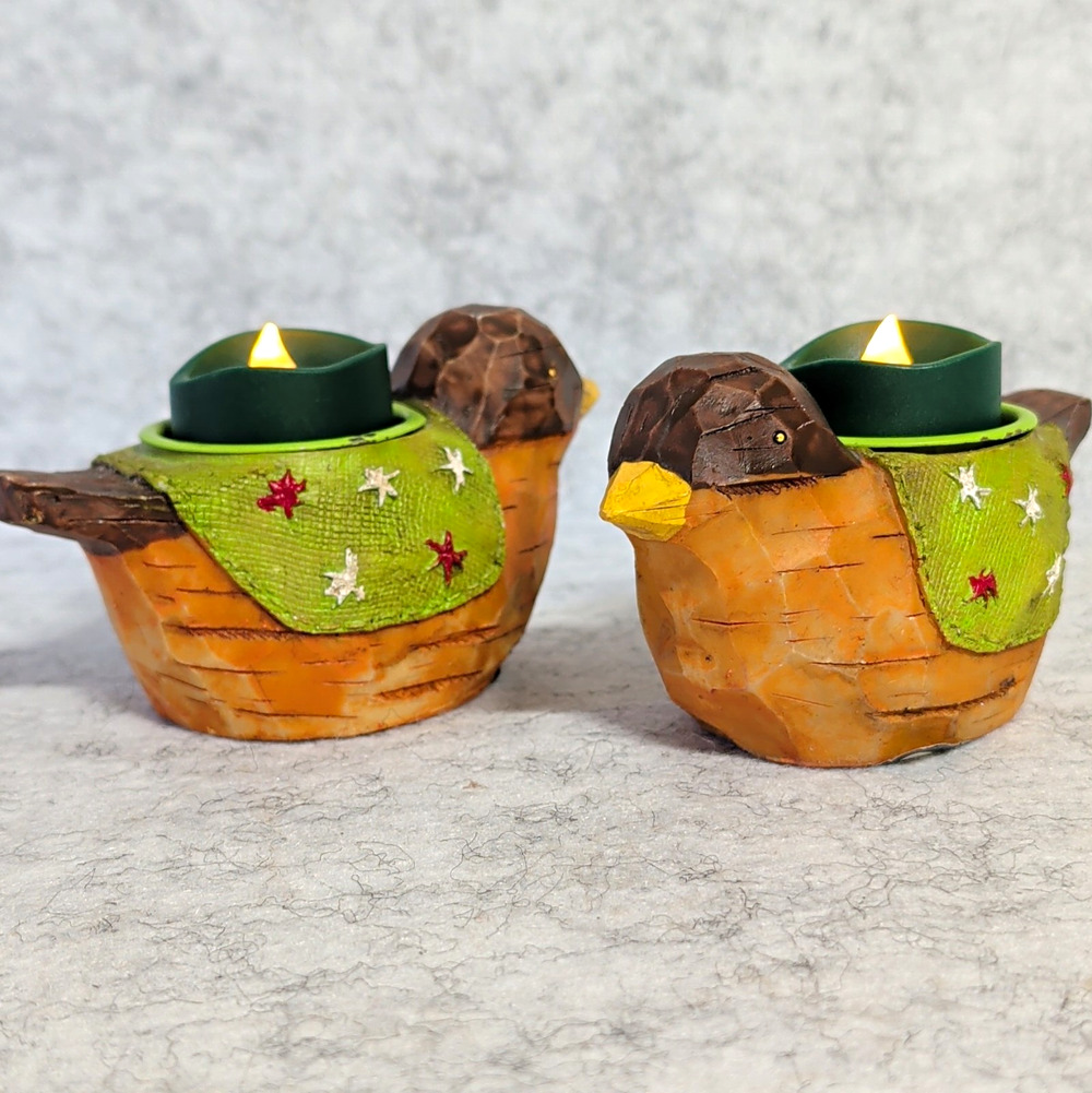 Creative Co-Op Resin Bird Tea Light Holder Set Brown/Green 2.5in Rustic X5964A